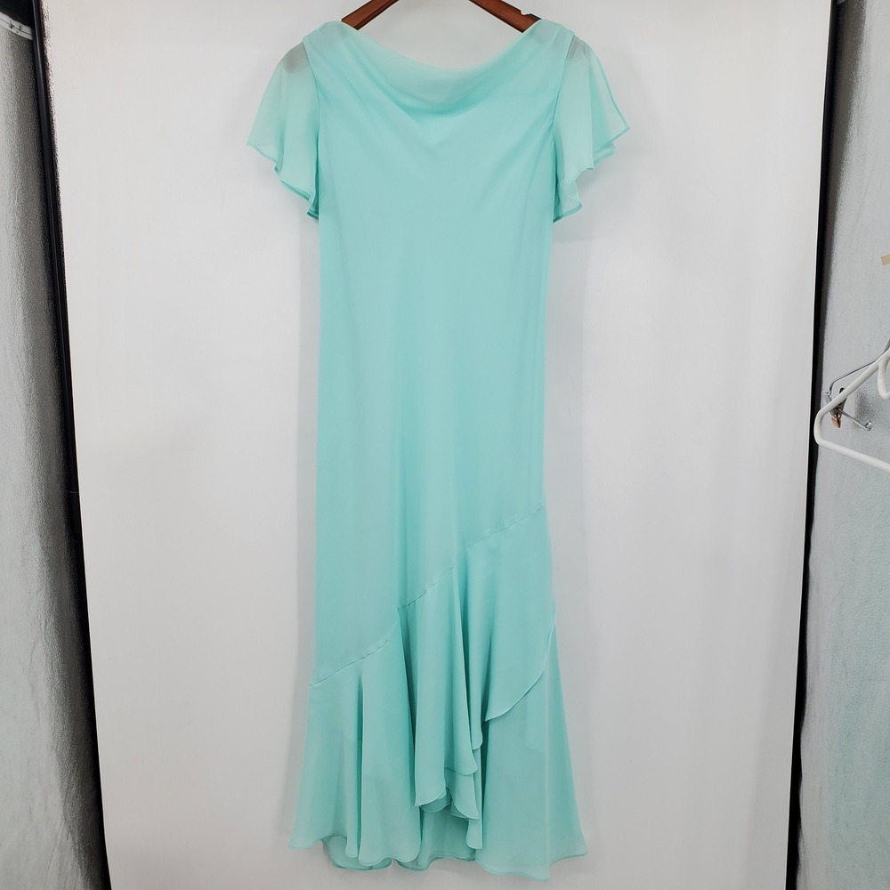 Liz Baker Petite Aqua Blue Cowl Neck Asymmetrical Ruffle Maxi Dress 12P Formal